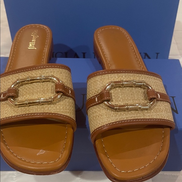 J McLaughlin Tan and Brown Slides with Gold Accent - Picture 1 of 4